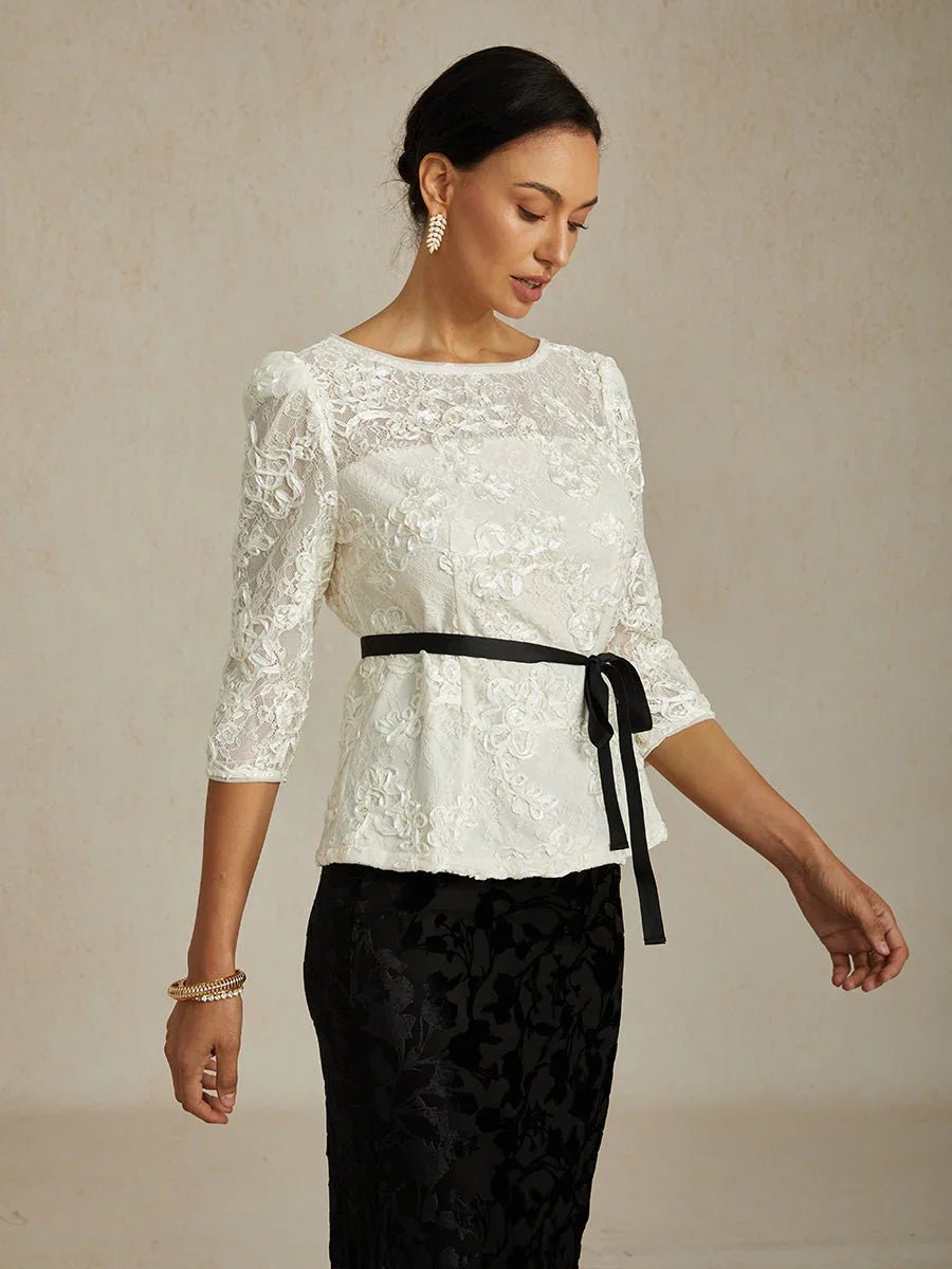 Blusa de encaje rosetón con manga 3/4 y detalle de lentejuelas - Nhaura