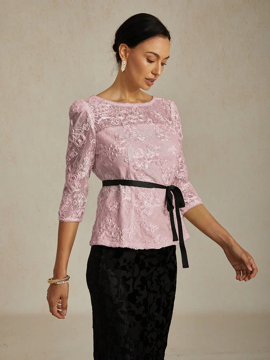 Blusa de encaje rosetón con manga 3/4 y detalle de lentejuelas - Nhaura