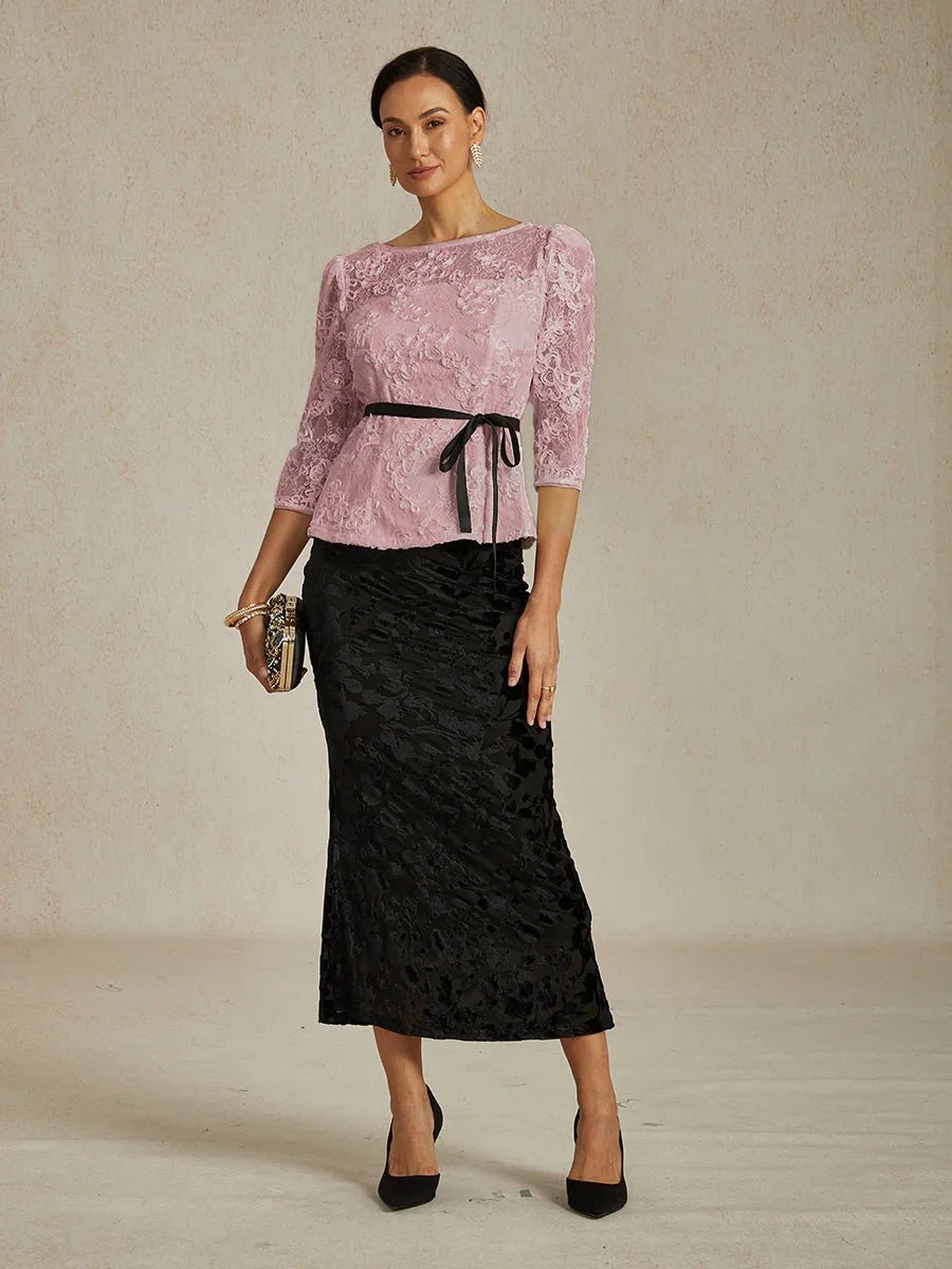 Blusa de encaje rosetón con manga 3/4 y detalle de lentejuelas - Nhaura
