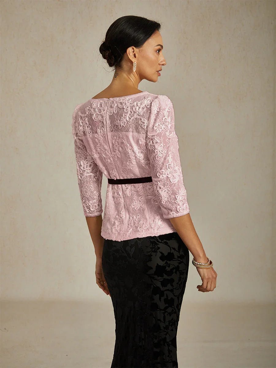 Blusa de encaje rosetón con manga 3/4 y detalle de lentejuelas - Nhaura