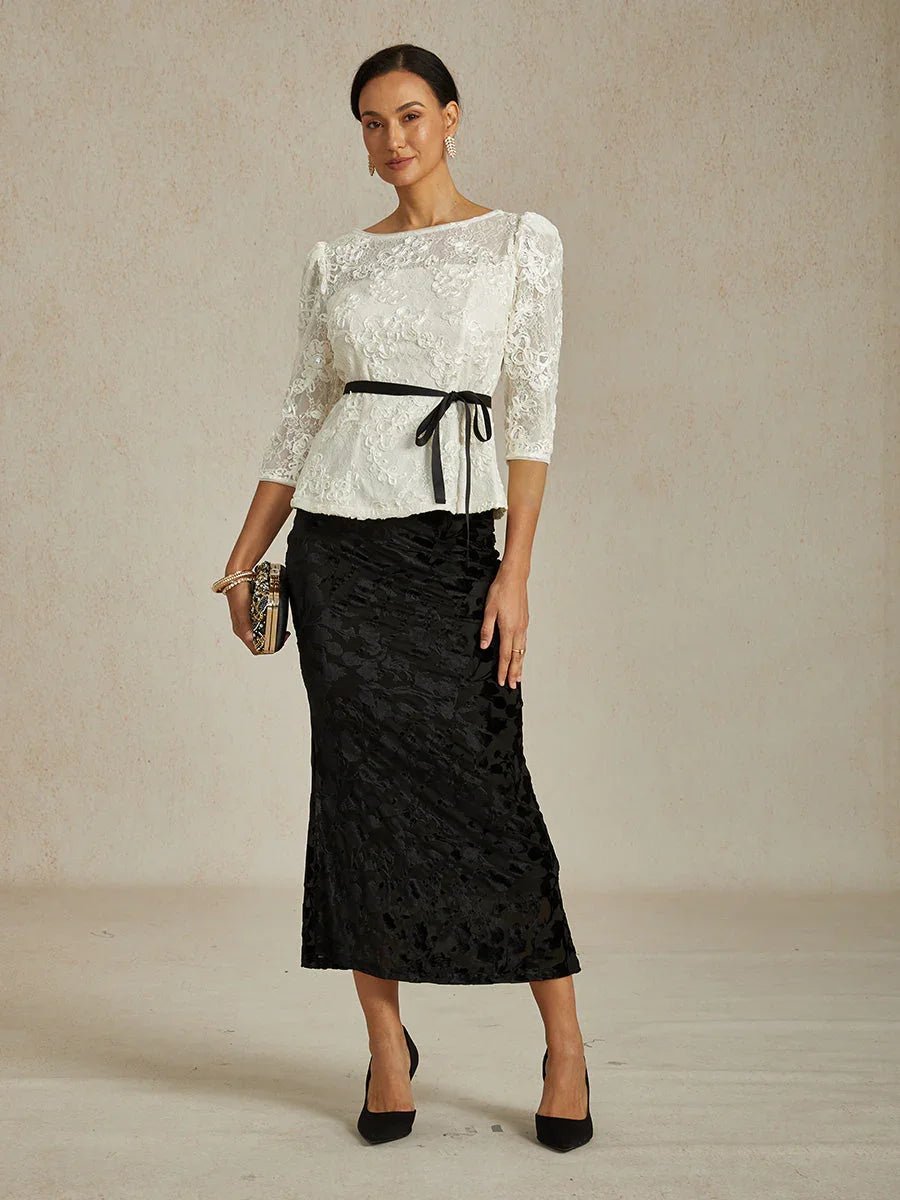 Blusa de encaje rosetón con manga 3/4 y detalle de lentejuelas - Nhaura