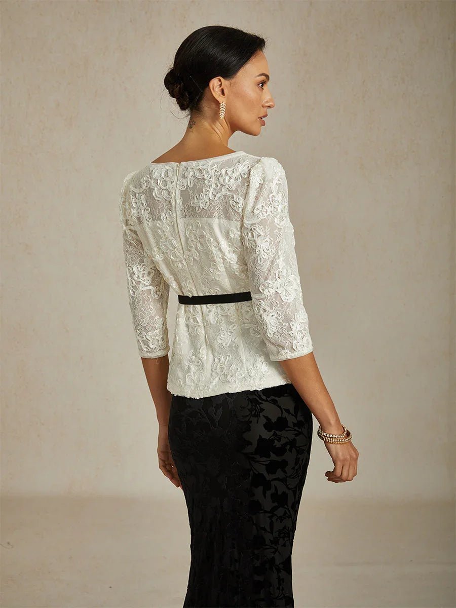Blusa de encaje rosetón con manga 3/4 y detalle de lentejuelas - Nhaura
