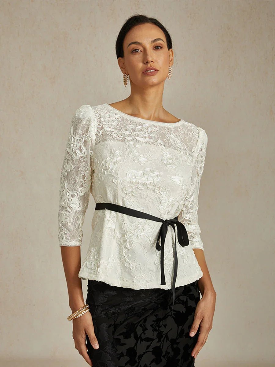 Blusa de encaje rosetón con manga 3/4 y detalle de lentejuelas - Nhaura