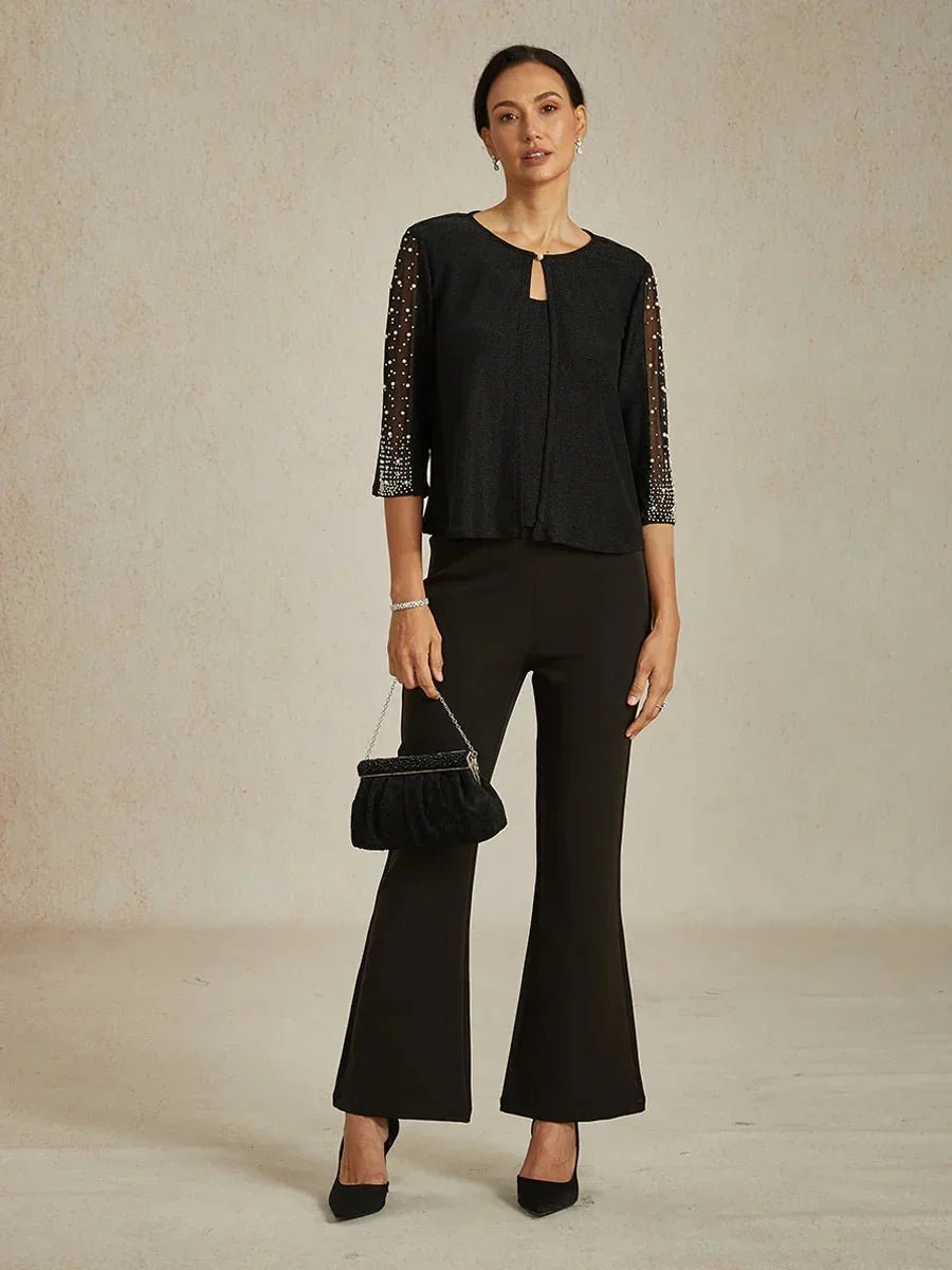 Blusa de punto metalizado con pedrería y manga 3/4 - Nhaura