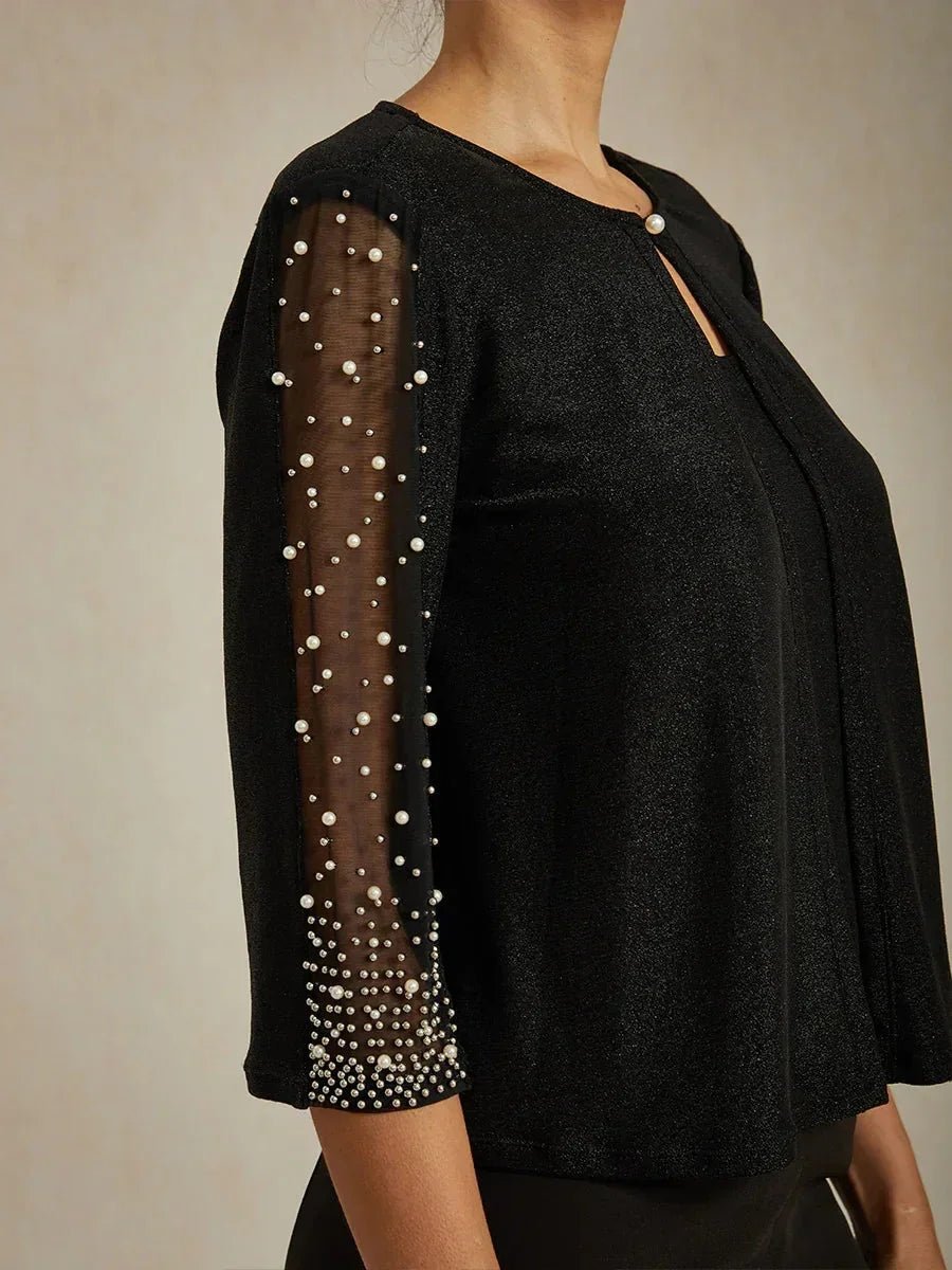 Blusa de punto metalizado con pedrería y manga 3/4 - Nhaura