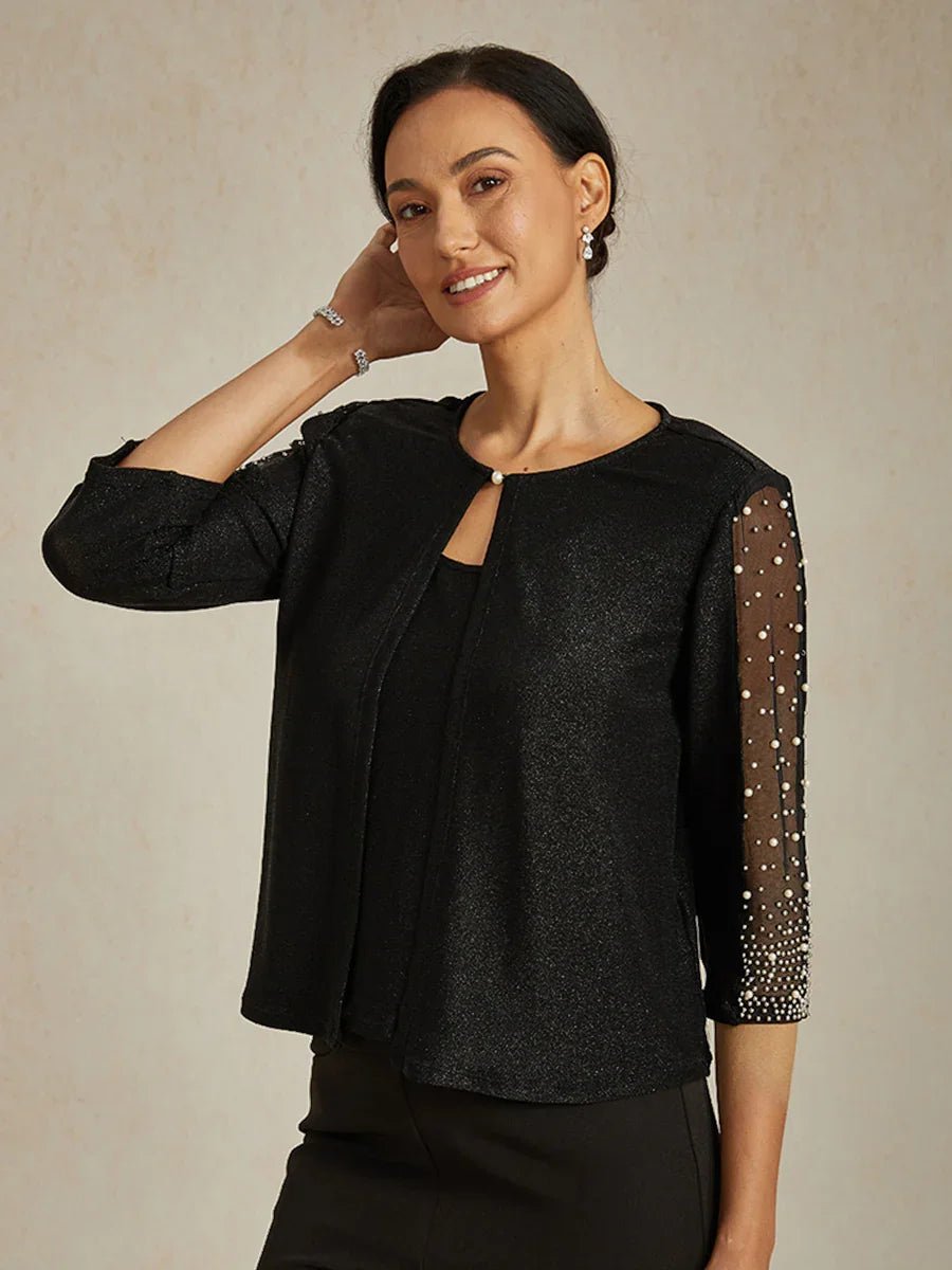 Blusa de punto metalizado con pedrería y manga 3/4 - Nhaura