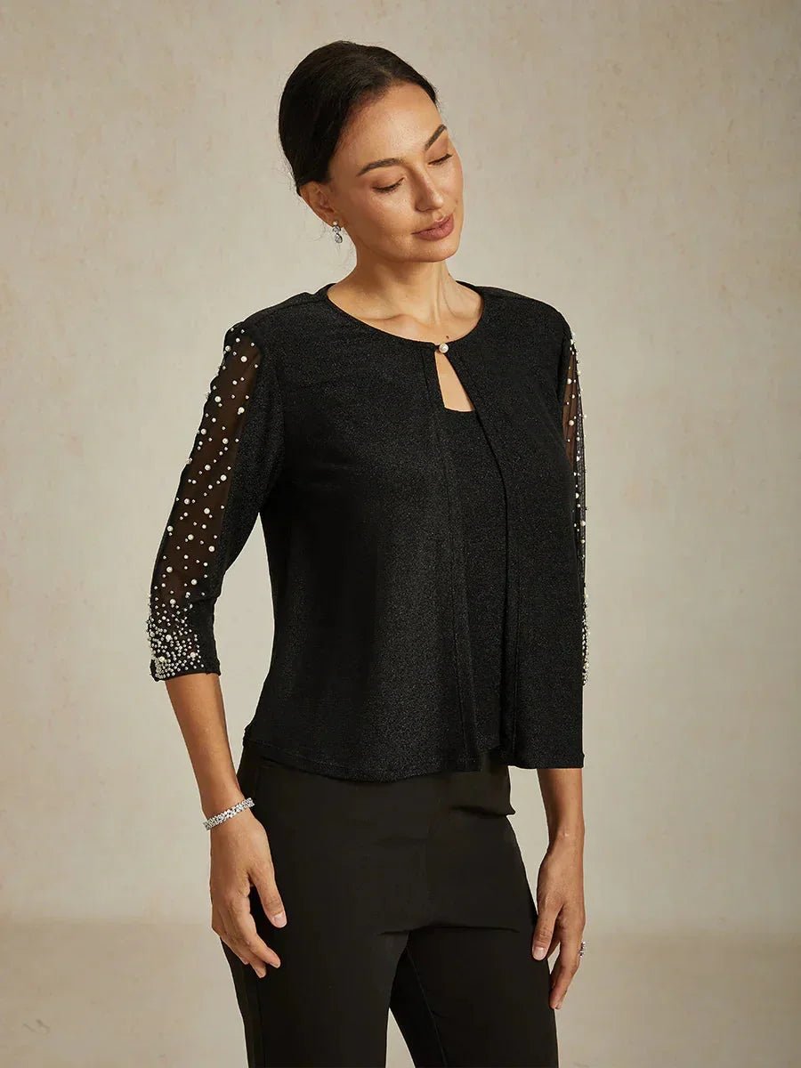 Blusa de punto metalizado con pedrería y manga 3/4 - Nhaura