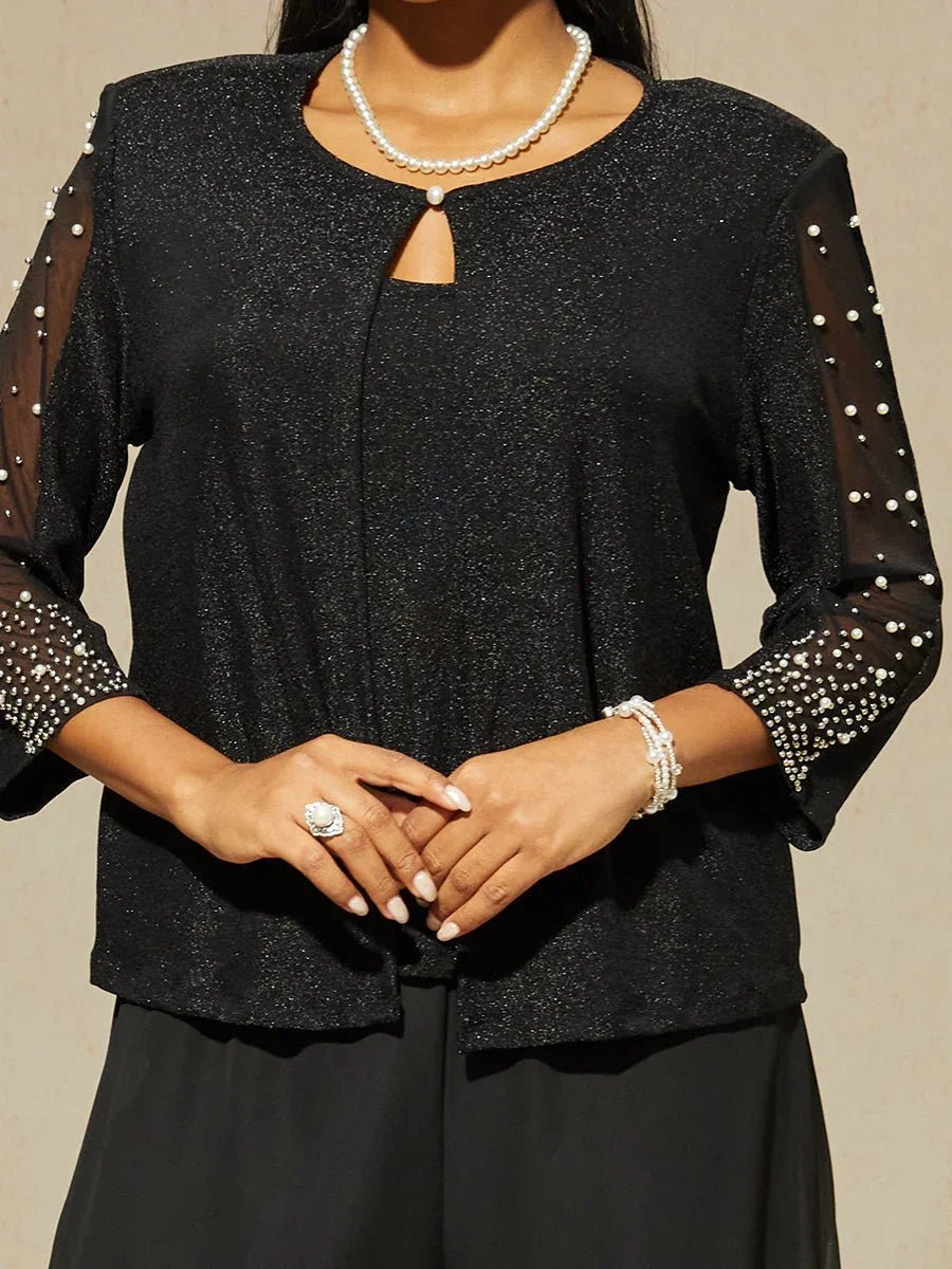Blusa de punto metalizado con pedrería y manga 3/4 - Nhaura
