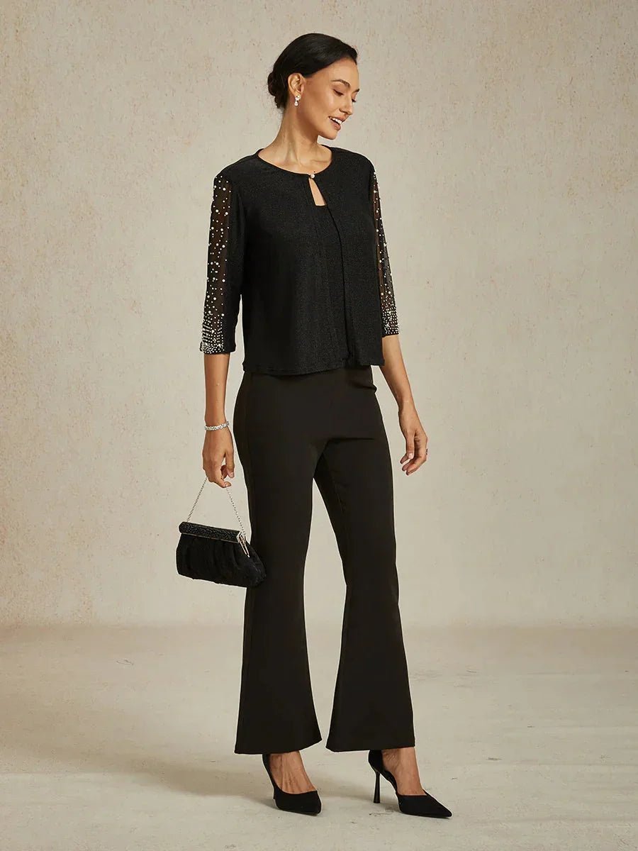 Blusa de punto metalizado con pedrería y manga 3/4 - Nhaura