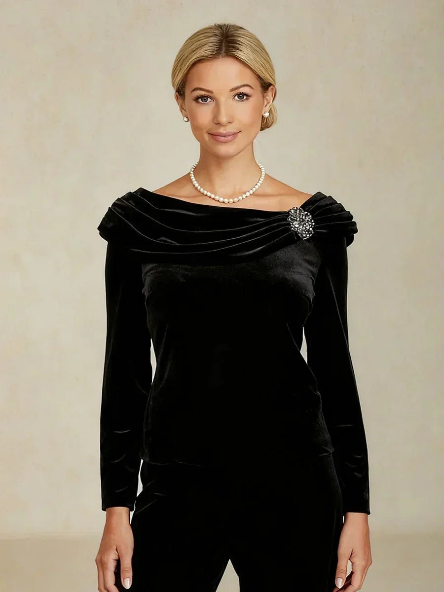 Blusa de terciopelo de manga larga con cuello fruncido - Nhaura
