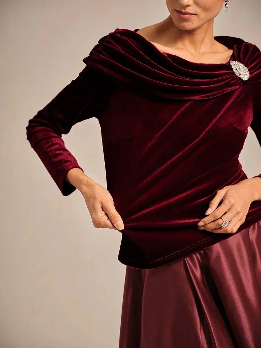Blusa de terciopelo de manga larga con cuello fruncido - Nhaura