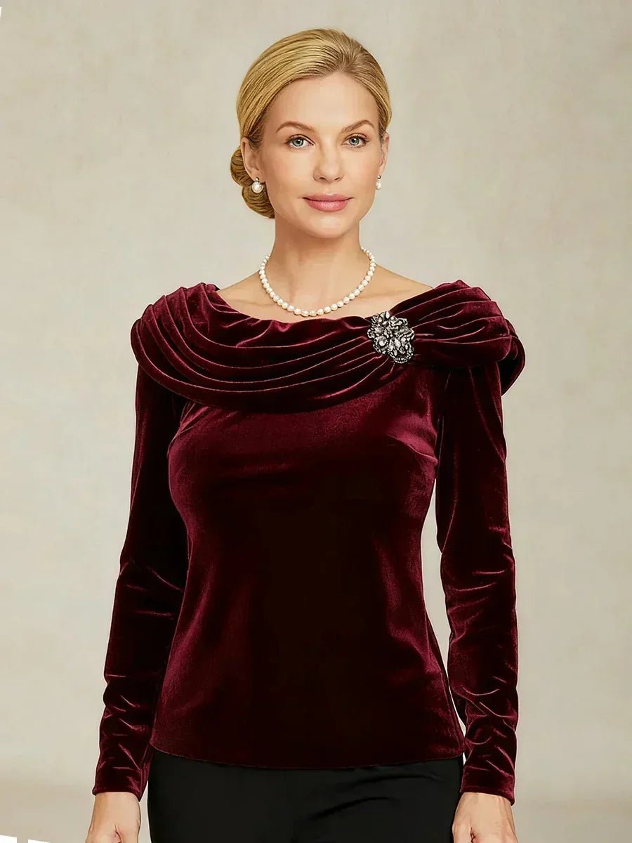 Blusa de terciopelo de manga larga con cuello fruncido - Nhaura