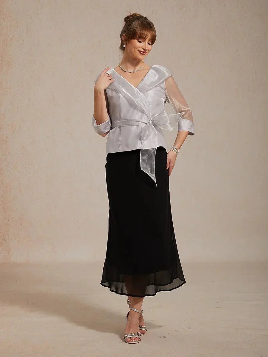 Blusa elegante con cuello de organza semitransparente para anudar - Nhaura