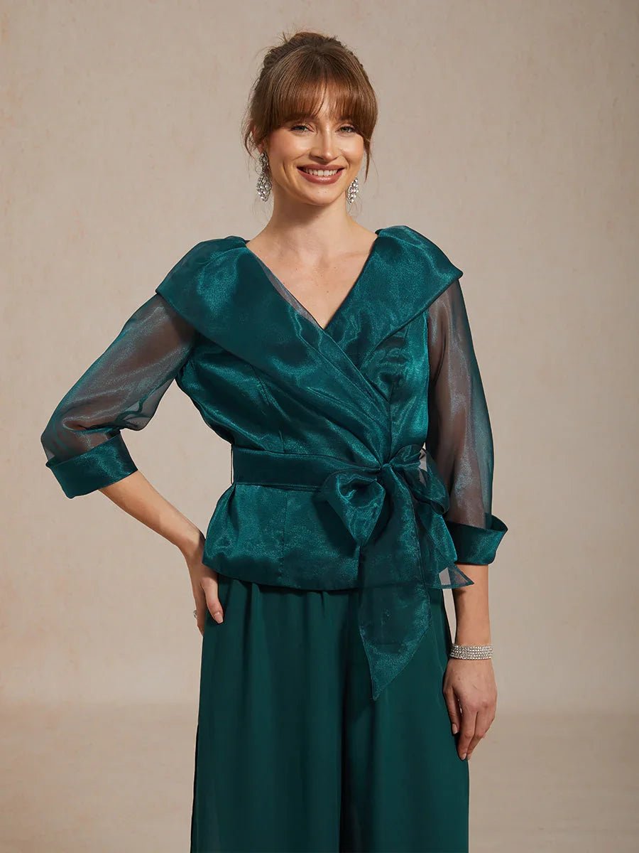 Blusa elegante con cuello de organza semitransparente para anudar - Nhaura