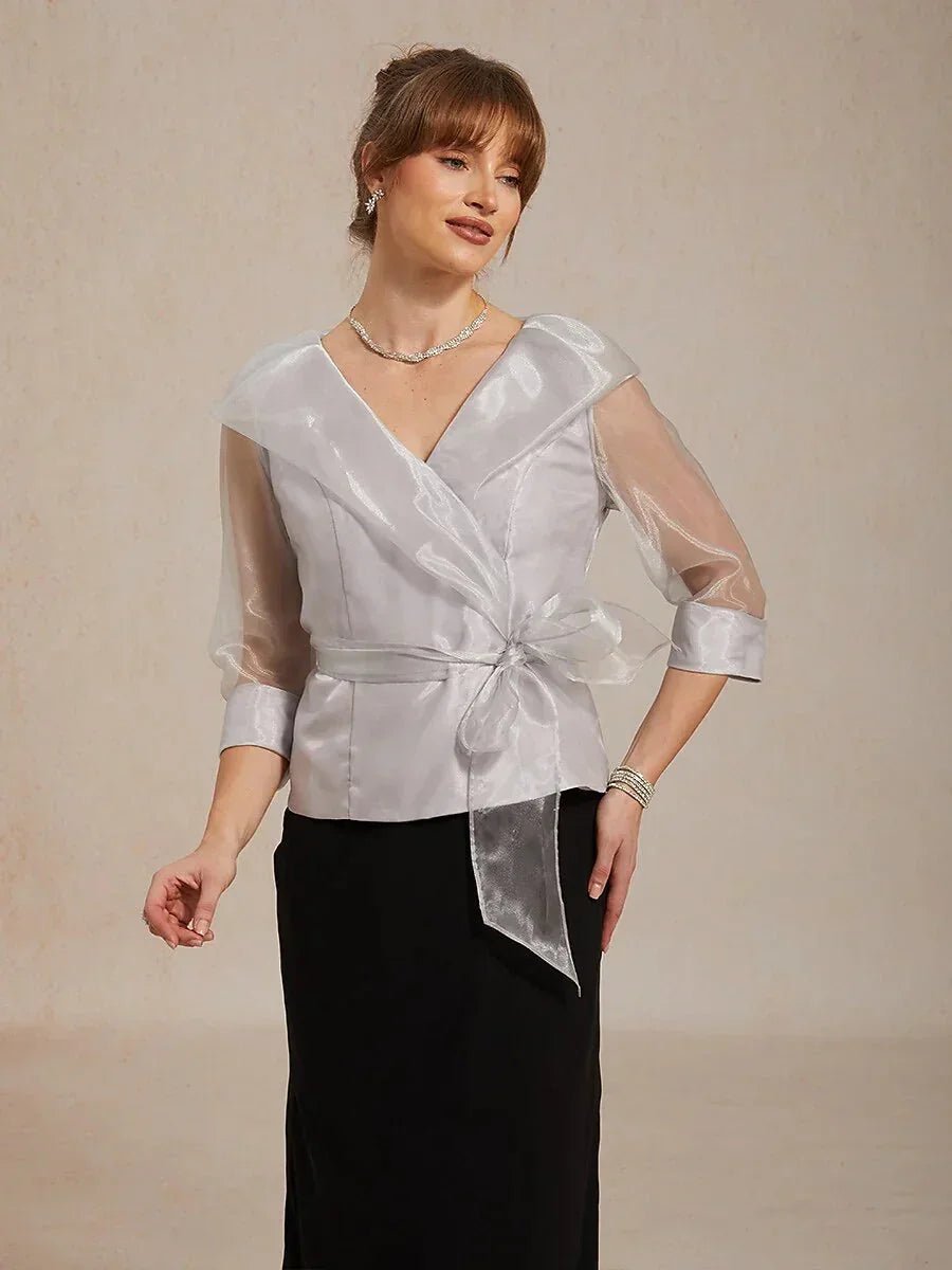 Blusa elegante con cuello de organza semitransparente para anudar - Nhaura