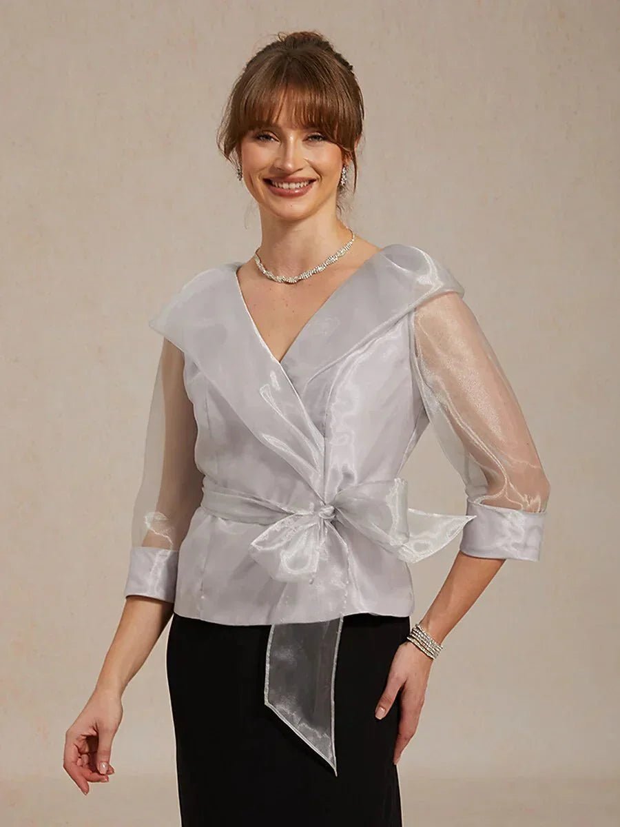 Blusa elegante con cuello de organza semitransparente para anudar - Nhaura