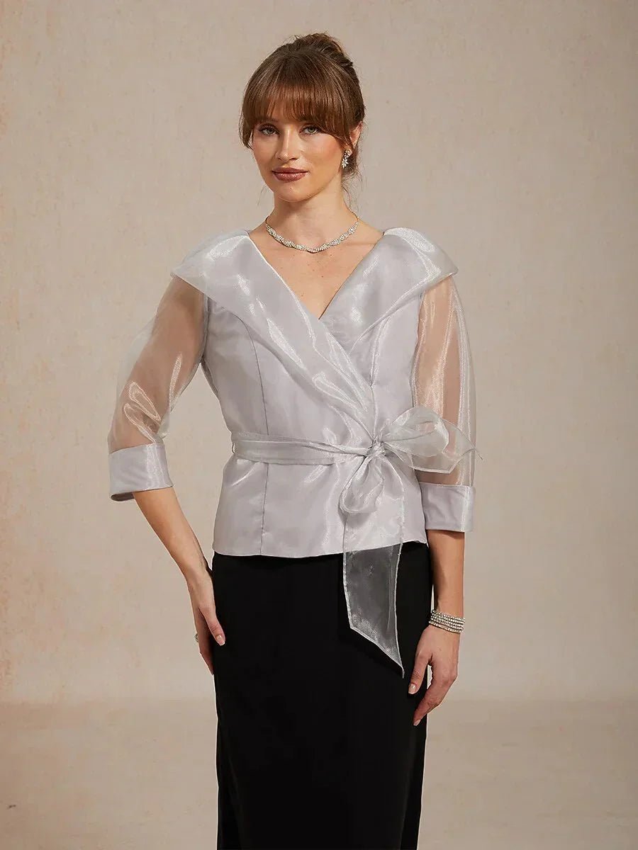 Blusa elegante con cuello de organza semitransparente para anudar - Nhaura