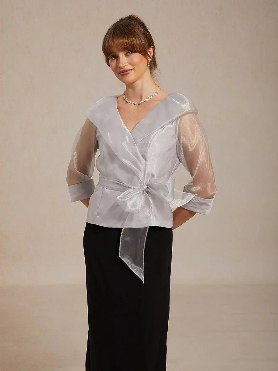 Blusa elegante con cuello de organza semitransparente para anudar - Nhaura