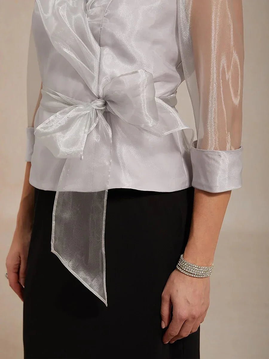 Blusa elegante con cuello de organza semitransparente para anudar - Nhaura