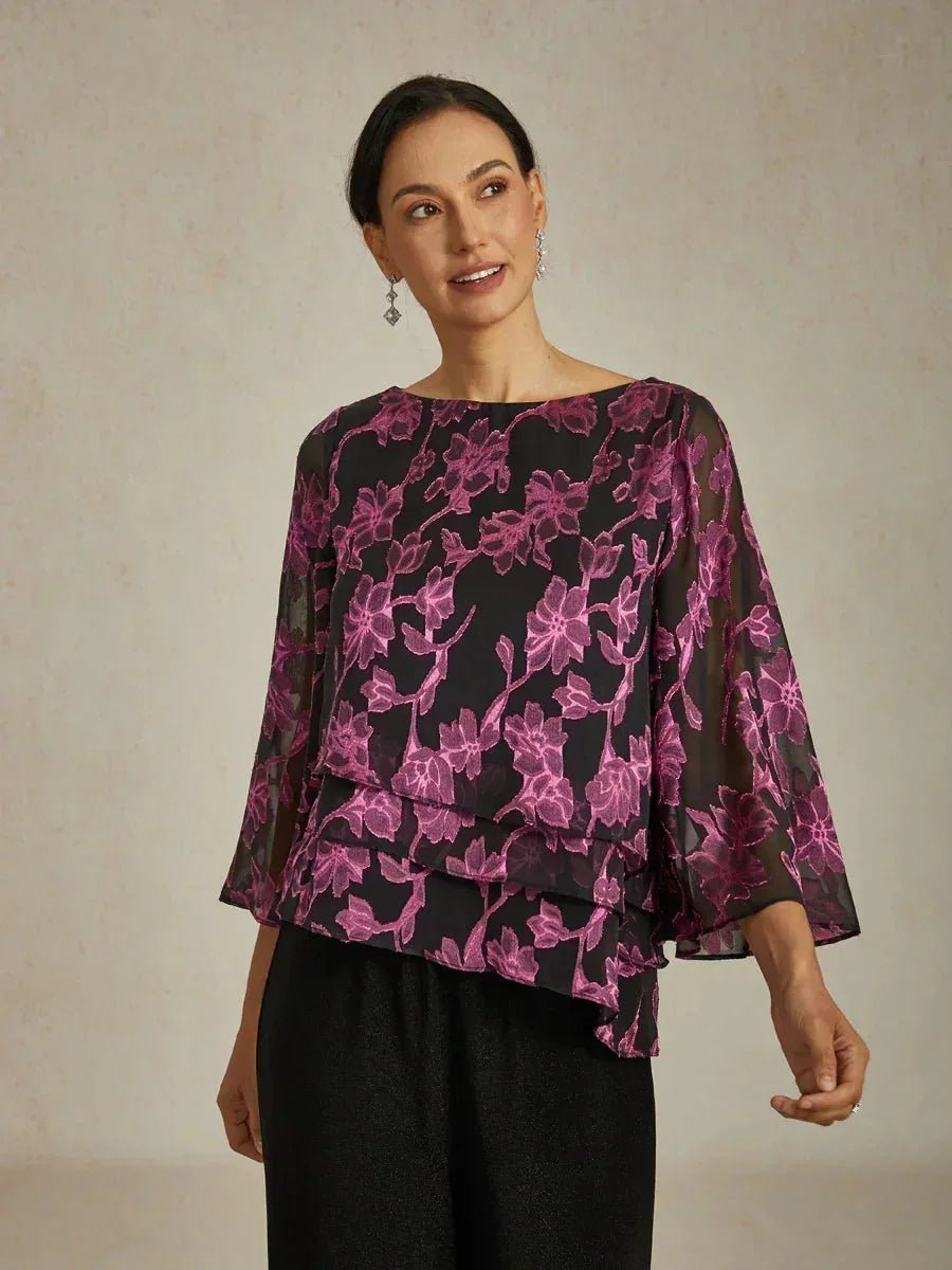 Blusa floral de gasa con cuello barco - Nhaura