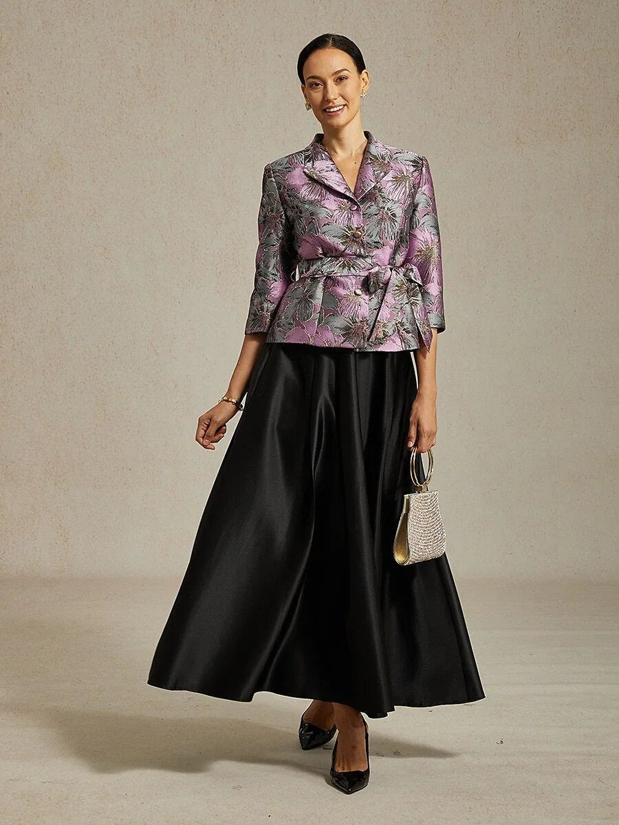 Blusa jacquard floral con manga 3/4 y cintura anudada - Nhaura