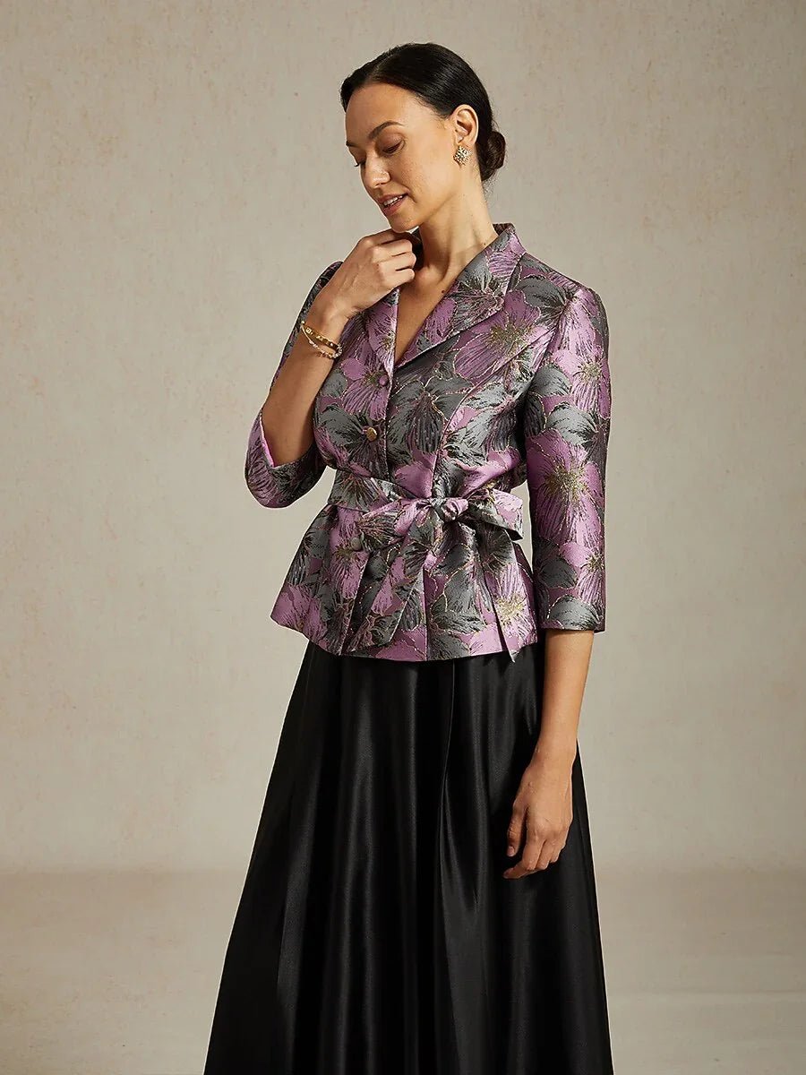 Blusa jacquard floral con manga 3/4 y cintura anudada - Nhaura