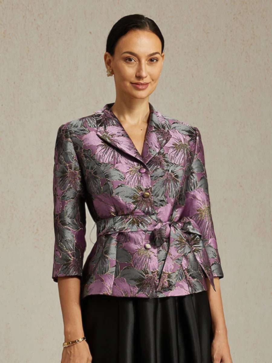 Blusa jacquard floral con manga 3/4 y cintura anudada - Nhaura