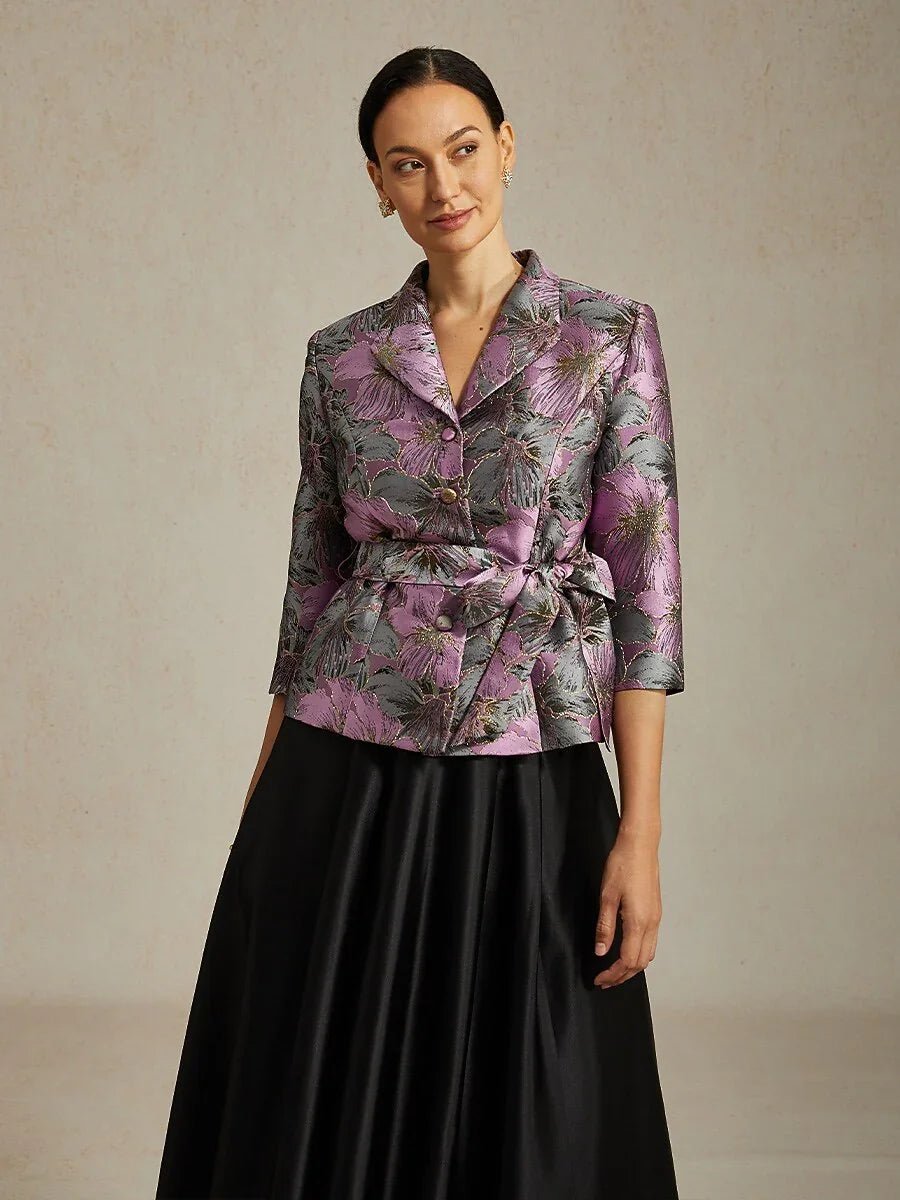 Blusa jacquard floral con manga 3/4 y cintura anudada - Nhaura