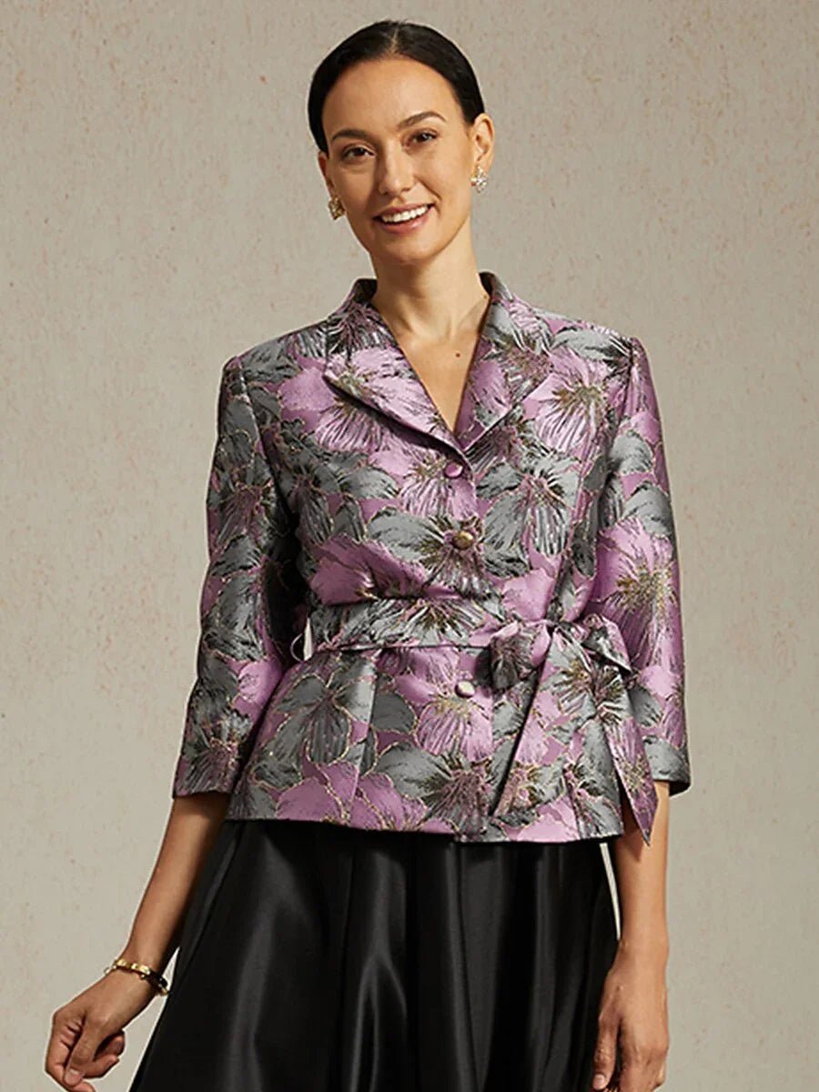 Blusa jacquard floral con manga 3/4 y cintura anudada - Nhaura
