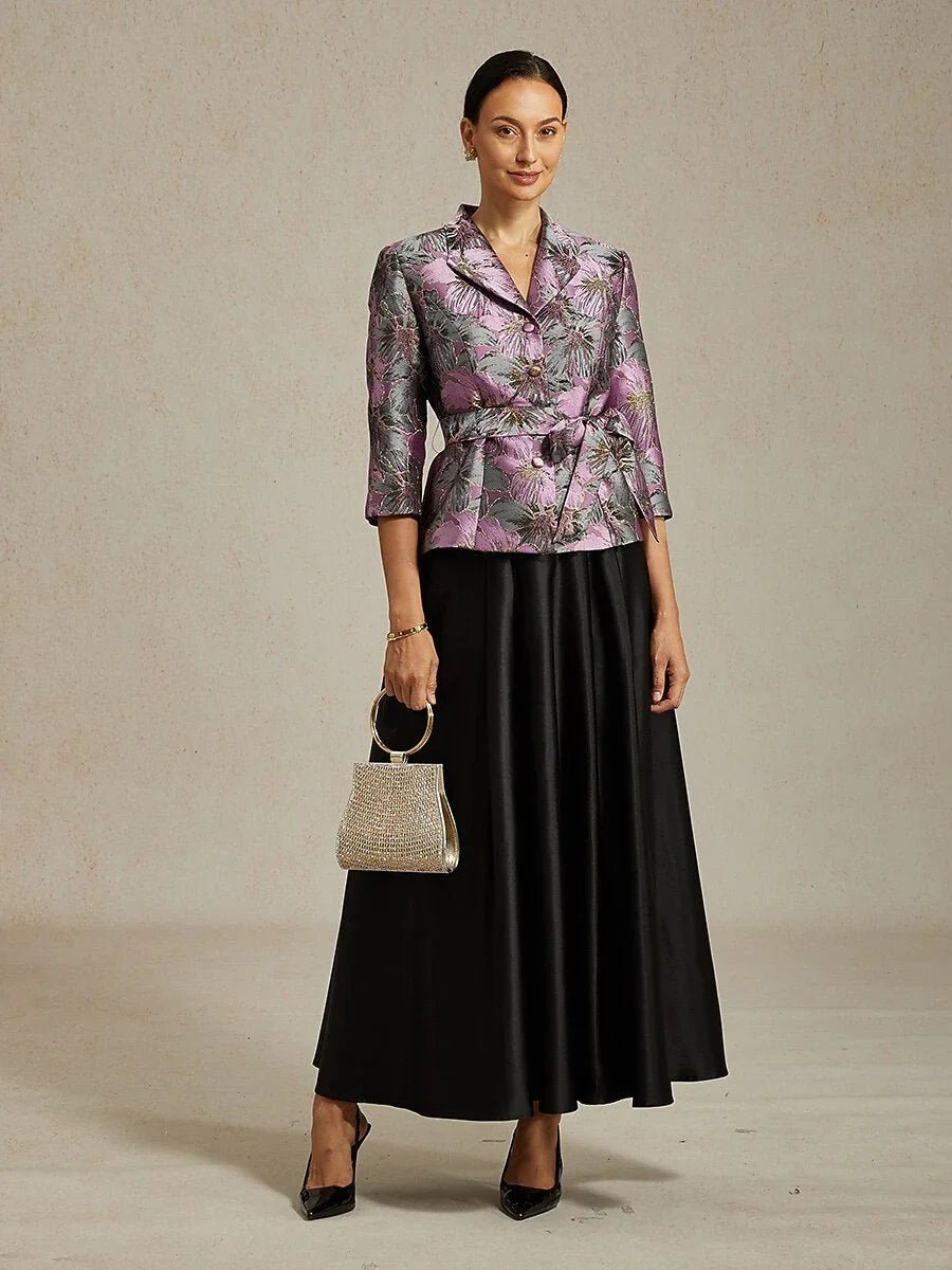 Blusa jacquard floral con manga 3/4 y cintura anudada - Nhaura
