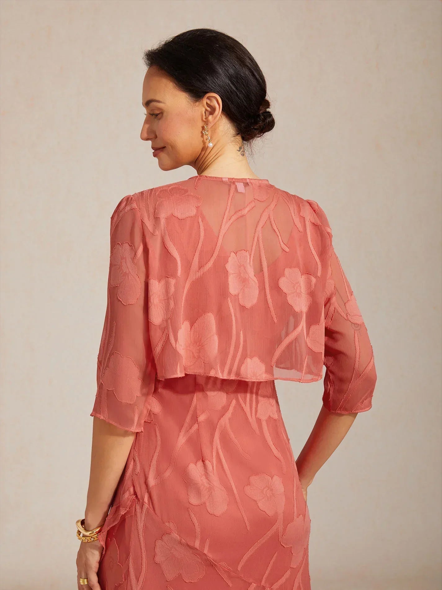 Bolero de gasa floral semitransparente con manga 3/4 - Nhaura