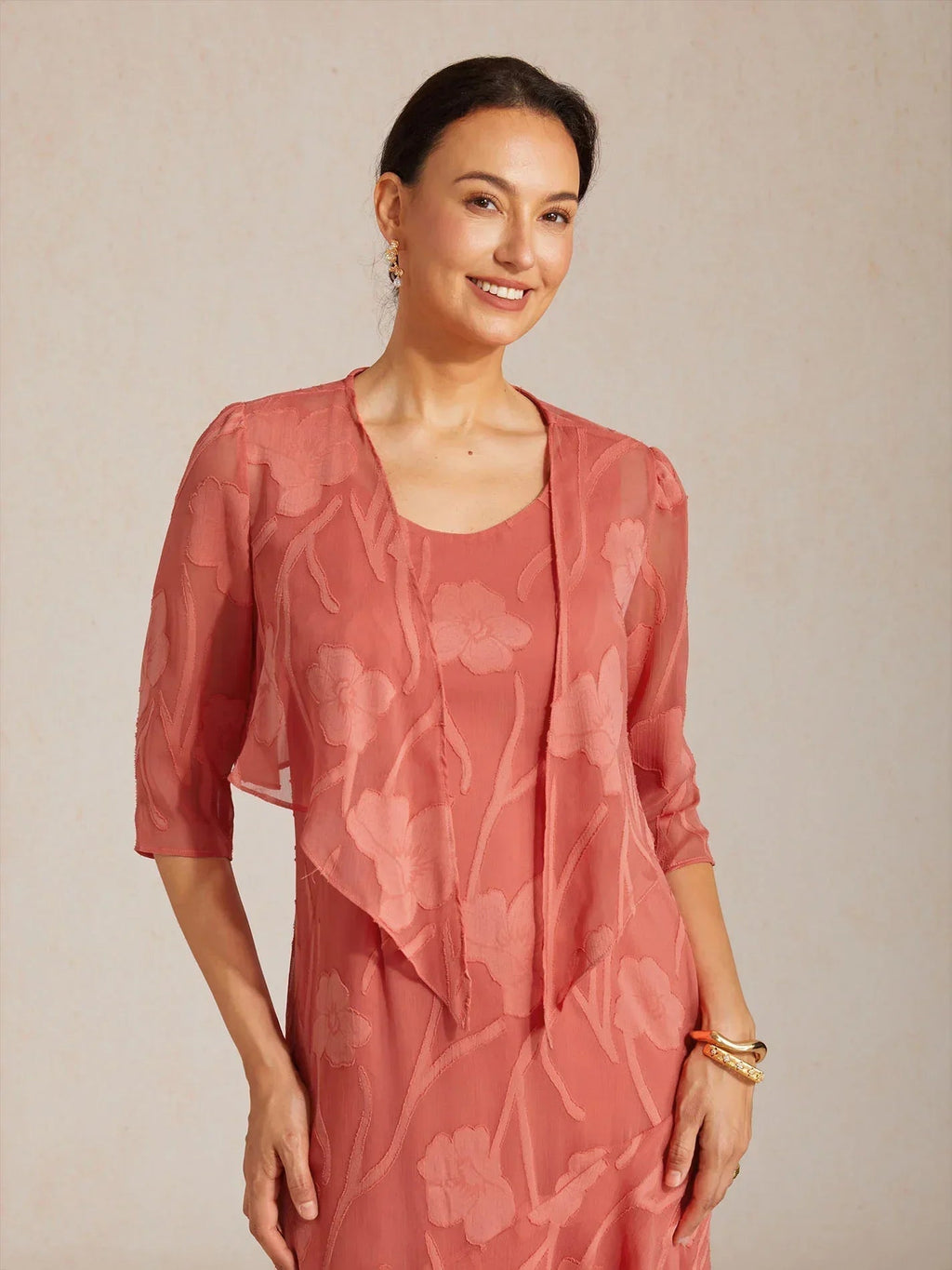 Bolero de gasa floral semitransparente con manga 3/4 - Nhaura