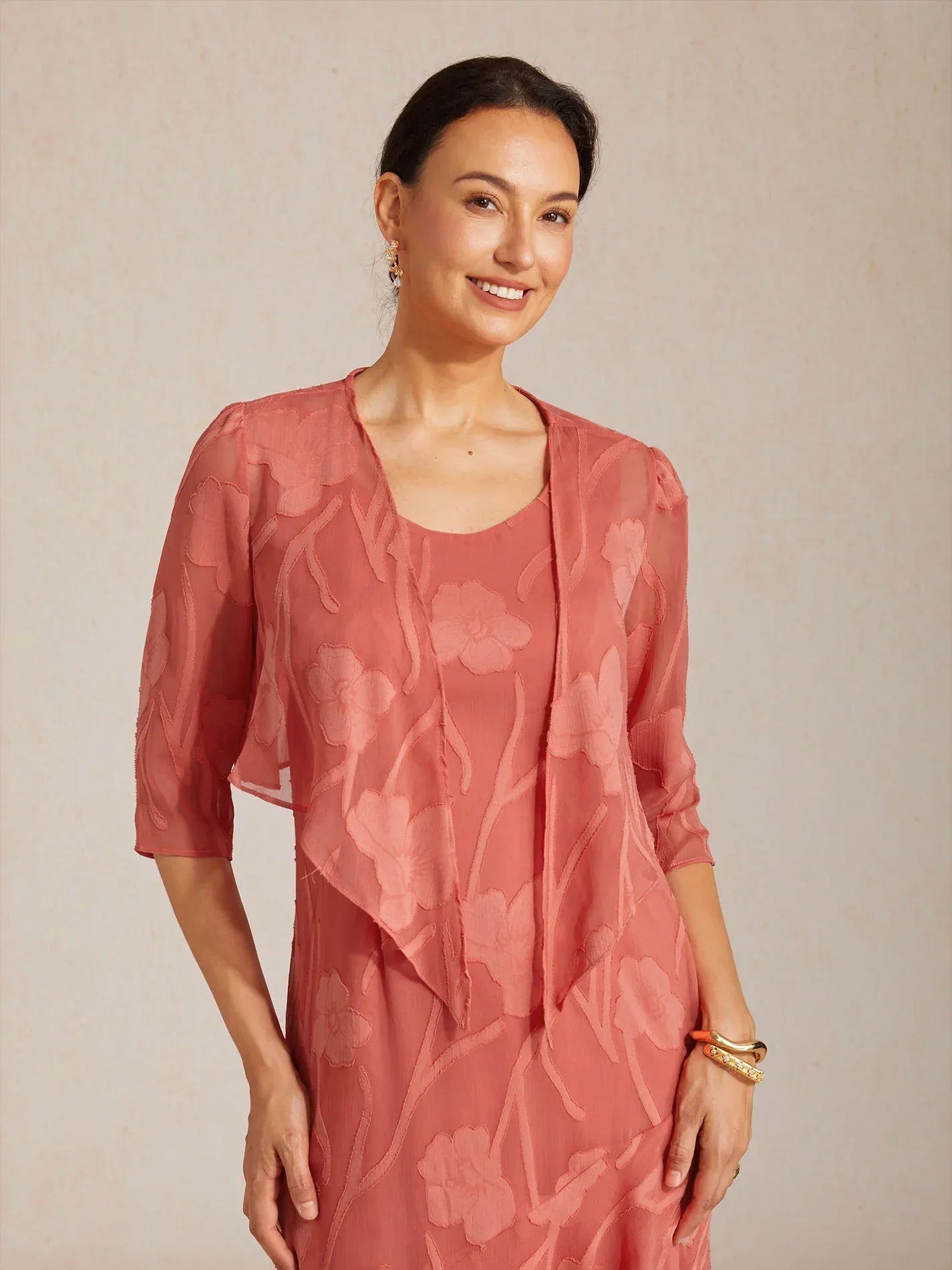 Bolero de gasa floral semitransparente con manga 3/4 - Nhaura