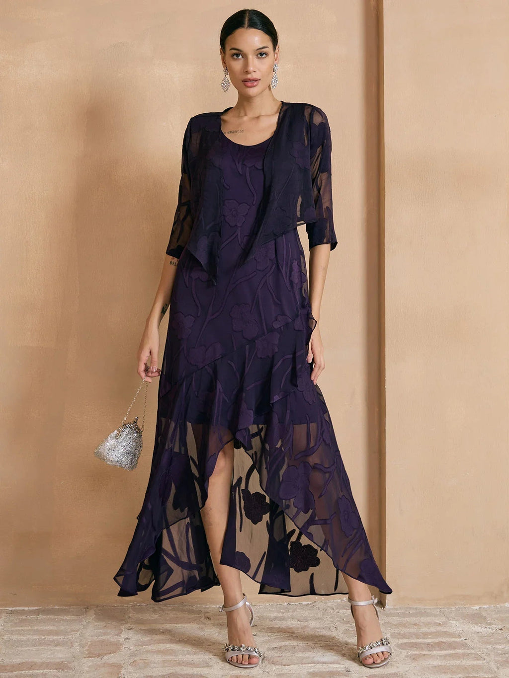 Bolero de gasa floral semitransparente con manga 3/4 - Nhaura