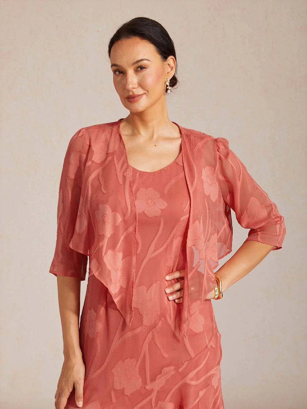 Bolero de gasa floral semitransparente con manga 3/4 - Nhaura