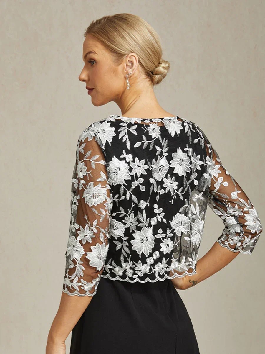 Chaqueta de encaje floral bordado con borde festoneado - Nhaura