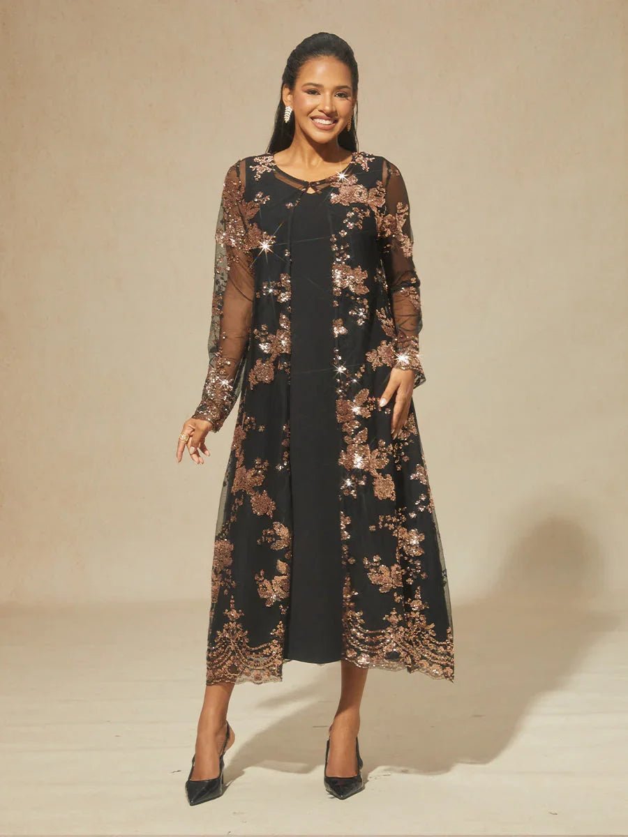 Chaqueta larga bordada con lentejuelas y motivo floral barroco - Nhaura