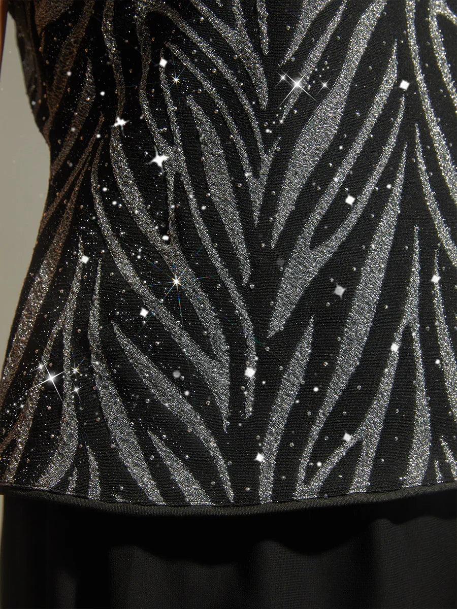 Conjunto de dos piezas con cuello mandarín y estampado cebra con strass - Nhaura
