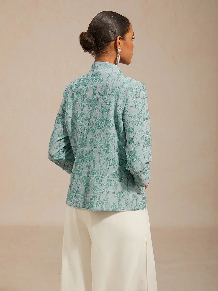 Conjunto de dos piezas con cuello mandarín y estampado cebra con strass - Nhaura
