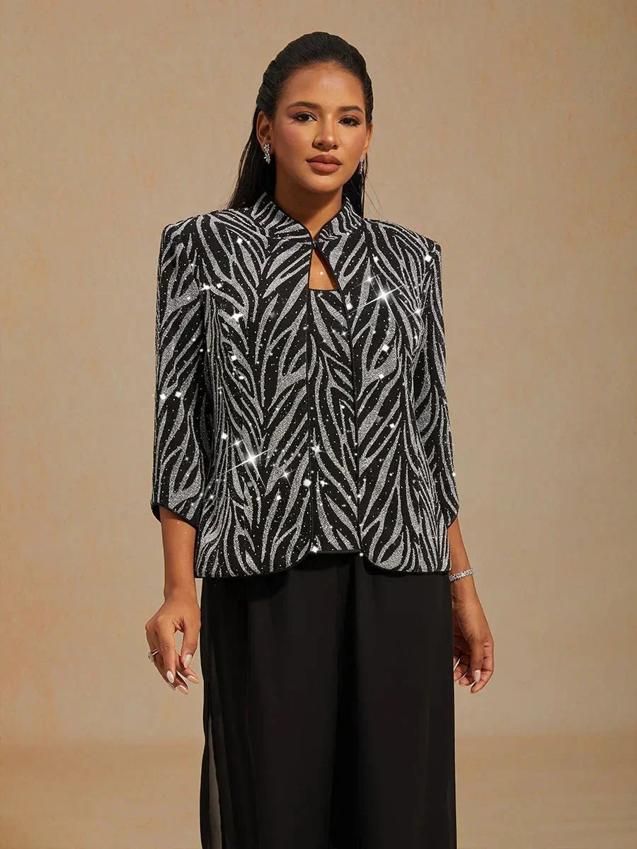 Conjunto de dos piezas con cuello mandarín y estampado cebra con strass - Nhaura