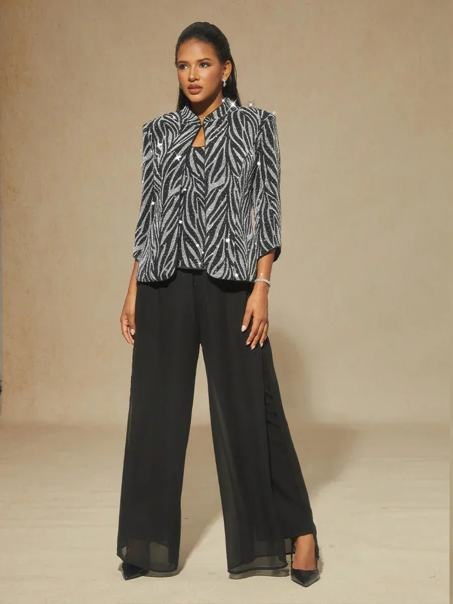 Conjunto de dos piezas con cuello mandarín y estampado cebra con strass - Nhaura