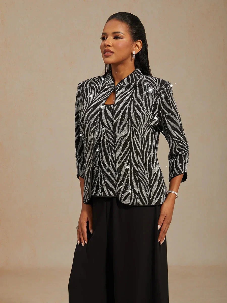 Conjunto de dos piezas con cuello mandarín y estampado cebra con strass - Nhaura