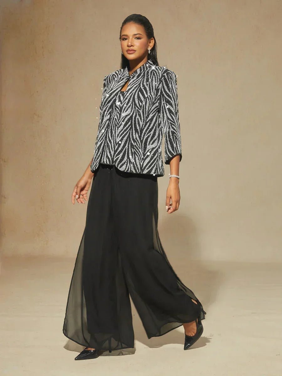 Conjunto de dos piezas con cuello mandarín y estampado cebra con strass - Nhaura