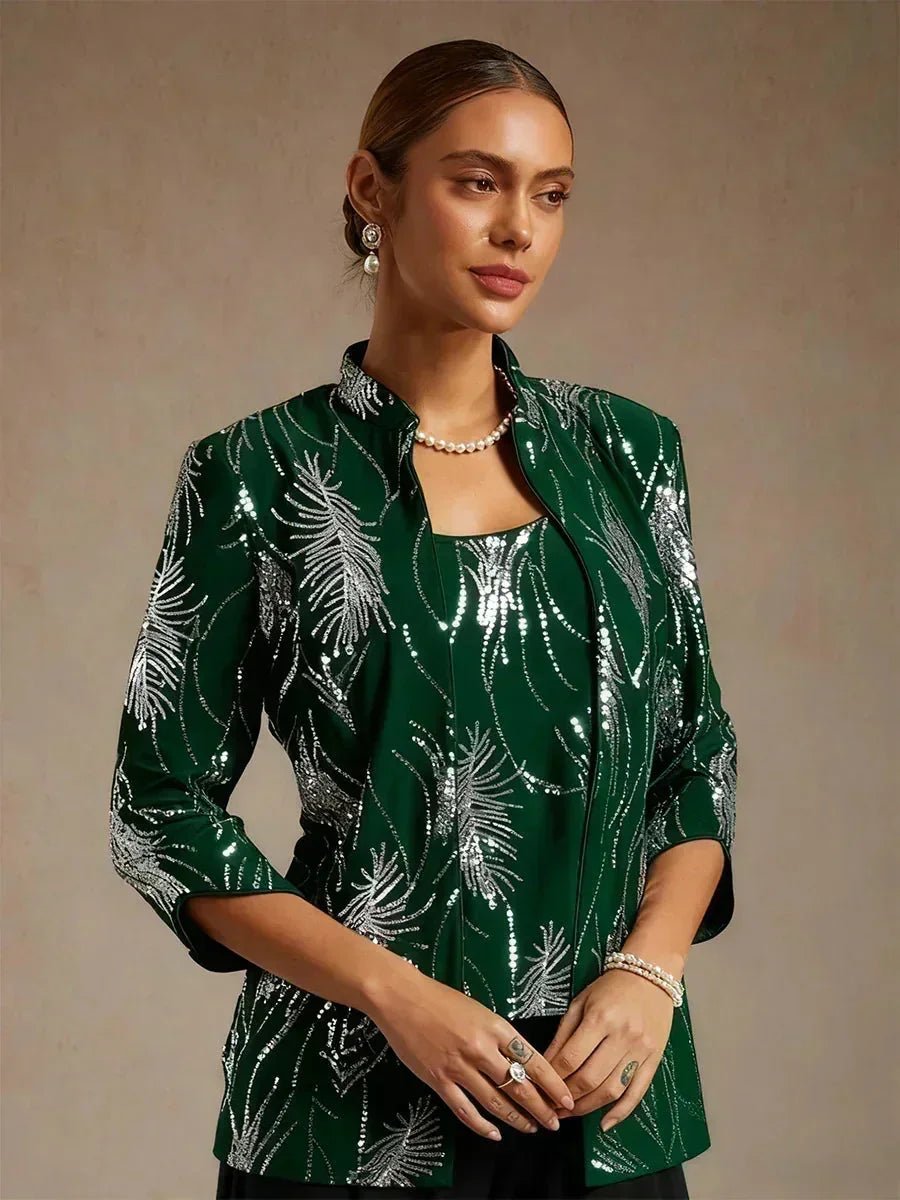 Conjunto de dos piezas elegante con cuello mandarín y lentejuelas - Nhaura