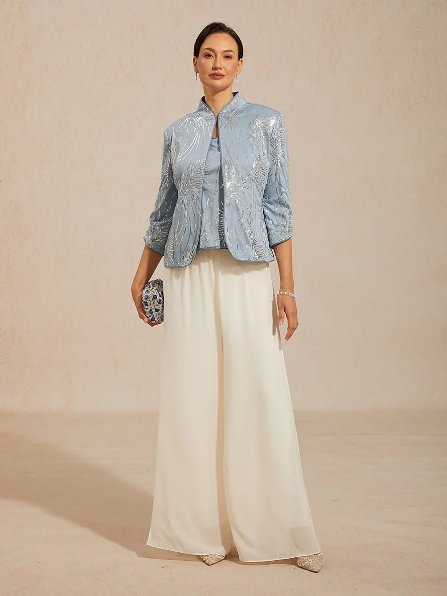 Conjunto de dos piezas elegante con cuello mandarín y lentejuelas - Nhaura