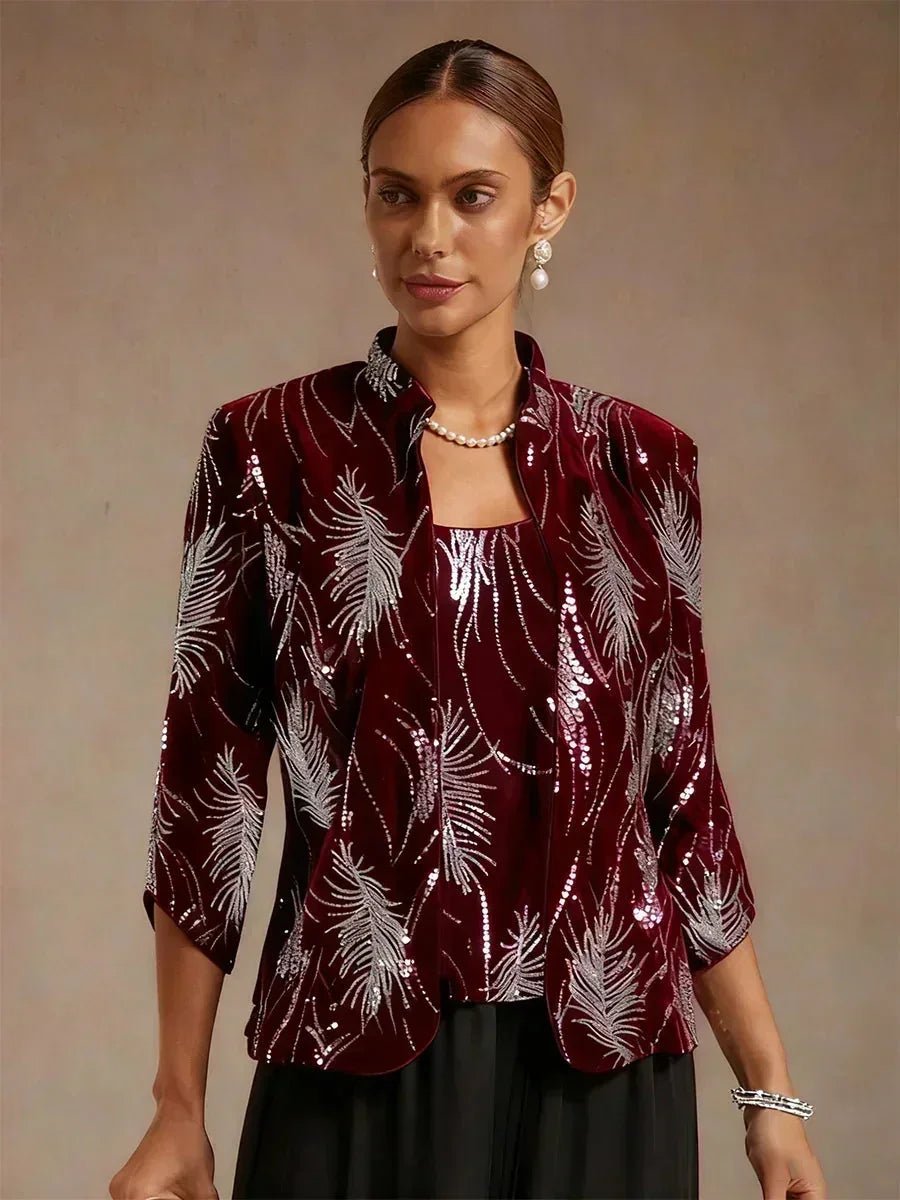 Conjunto de dos piezas elegante con cuello mandarín y lentejuelas - Nhaura