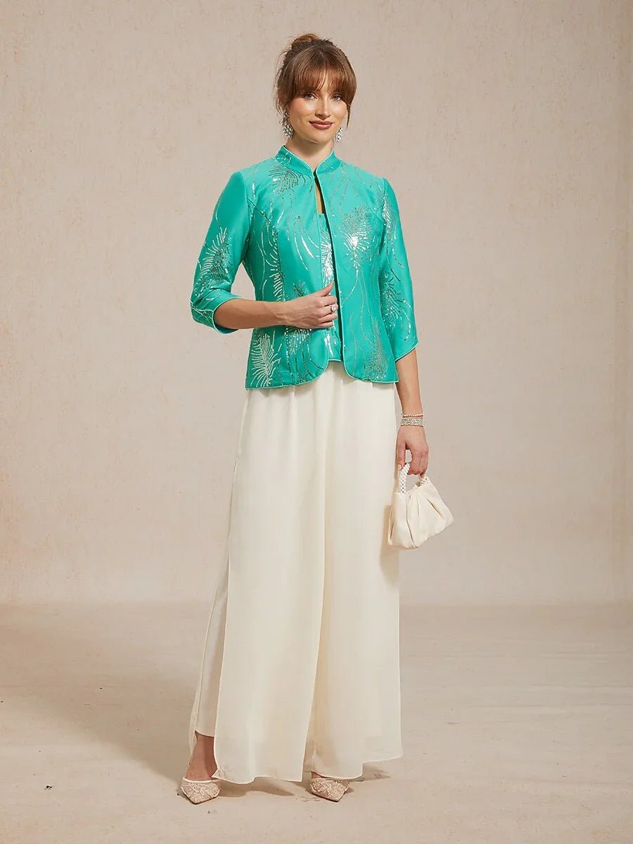 Conjunto de dos piezas elegante con cuello mandarín y lentejuelas - Nhaura