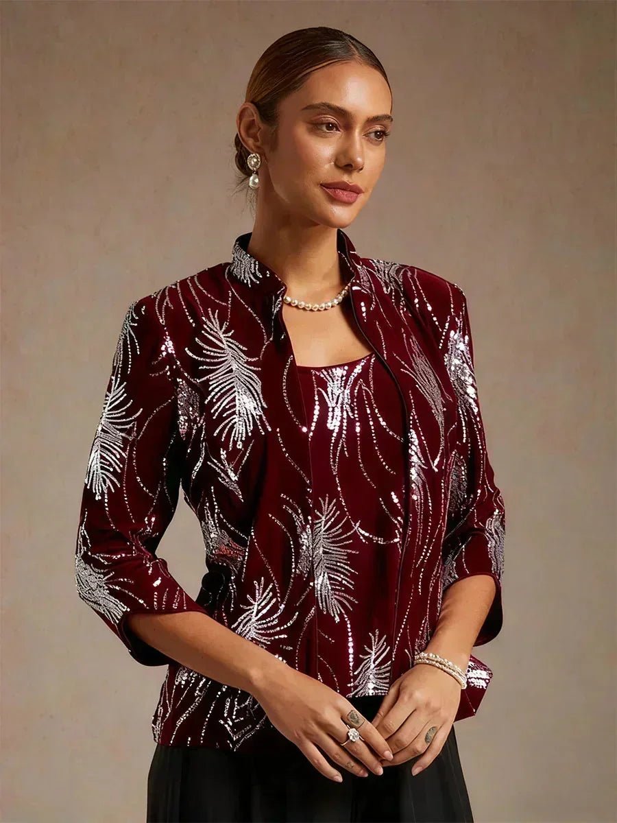 Conjunto de dos piezas elegante con cuello mandarín y lentejuelas - Nhaura