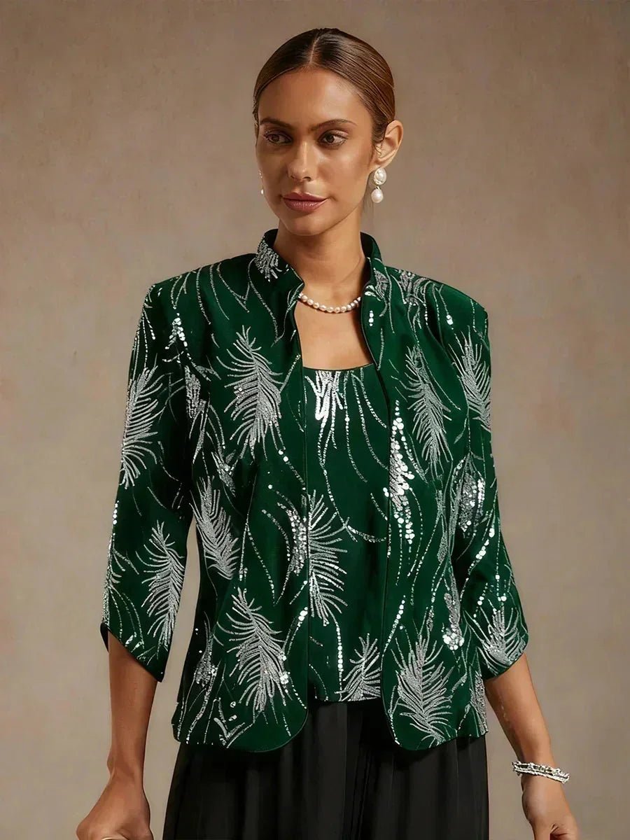 Conjunto de dos piezas elegante con cuello mandarín y lentejuelas - Nhaura
