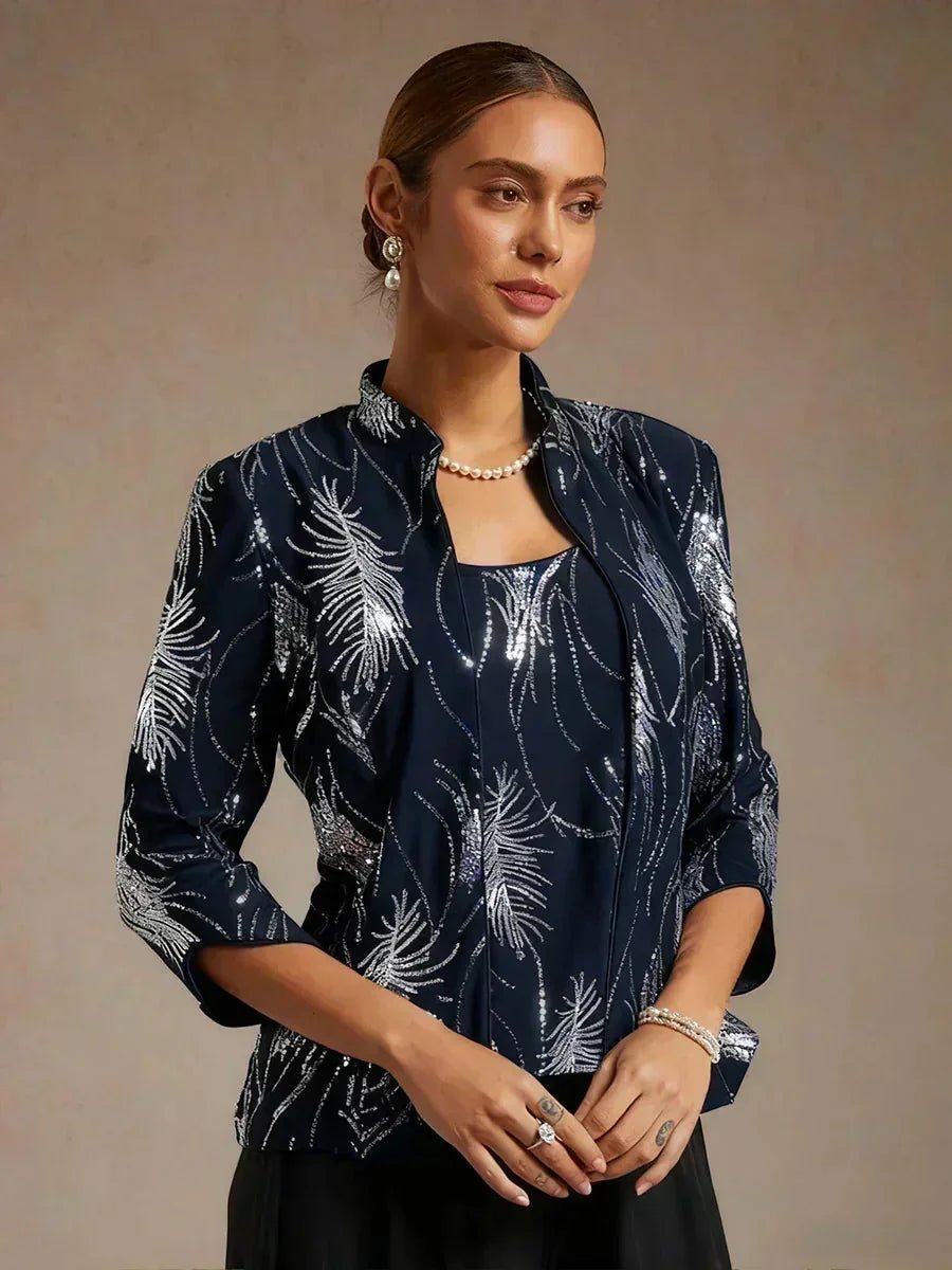 Conjunto de dos piezas elegante con cuello mandarín y lentejuelas - Nhaura